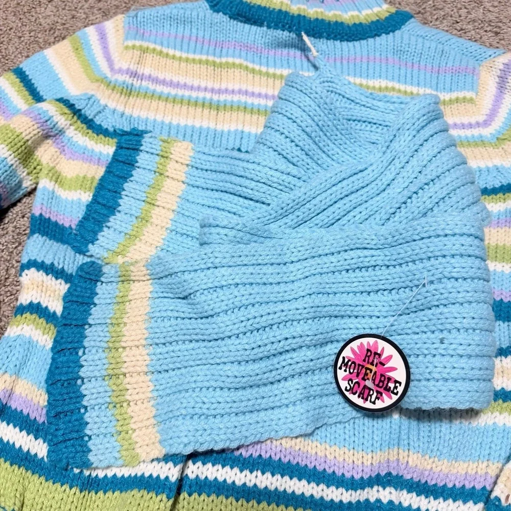 Y2K Mudd Women's Striped Turtleneck Sweater w/ Detachable Scarf Size L Blue NWT - Picture 6 of 6
